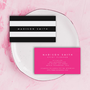 Carte De Visite Chic noir et blanc avec rose vif
