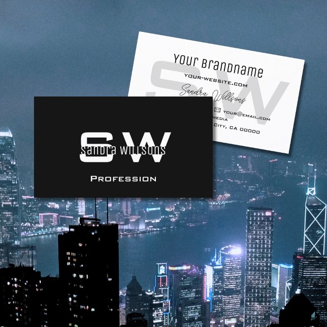 Carte De Visite Chic noir et blanc classique avec Monogram Simple (Créateur téléchargé)