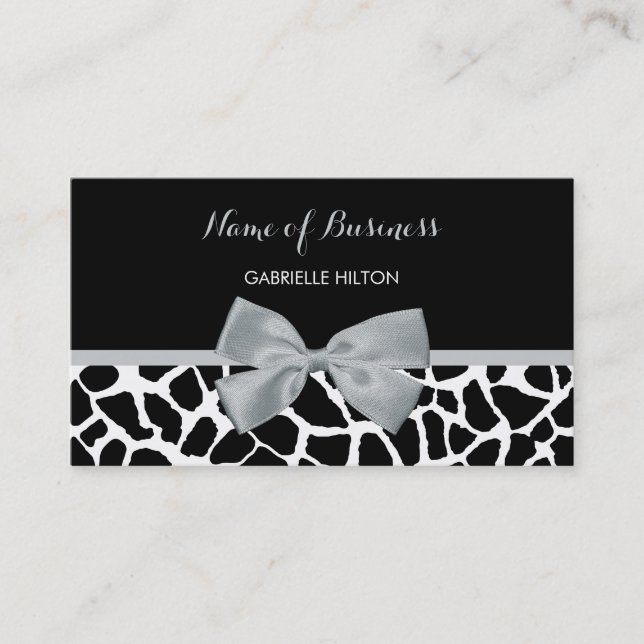 Carte De Visite Chic noir et blanc Giraffe Imprimer Argent Gris Bo (Devant)
