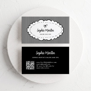 Carte De Visite Chic noir et blanc rayures et bow   Code QR