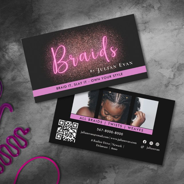 Carte De Visite Chic noir et néon rose cheveux tressage Salon Phot (Chic Black and Neon Pink Hair Braiding Salon Photo Business Card)