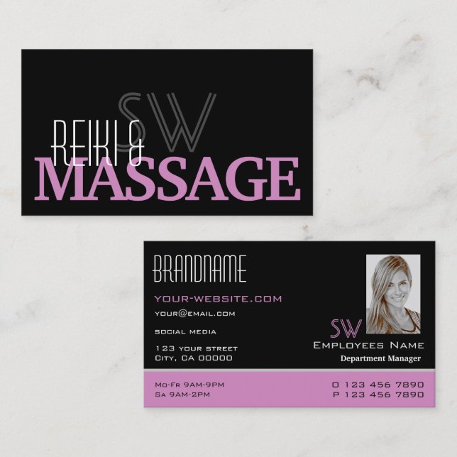 Carte De Visite Chic noir rose blanc simple Monogramme et photo (Devant / Derrière)