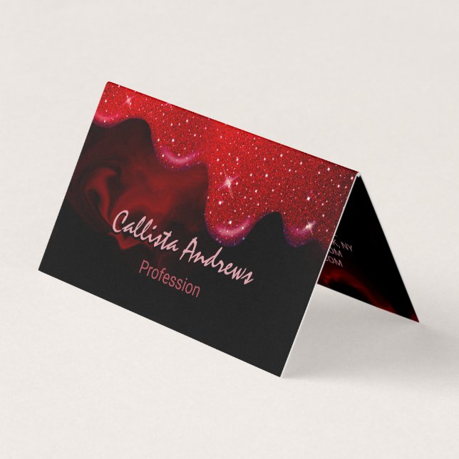 Carte De Visite Chic noir rouge gouttes parties scintillant marbre (Devant)