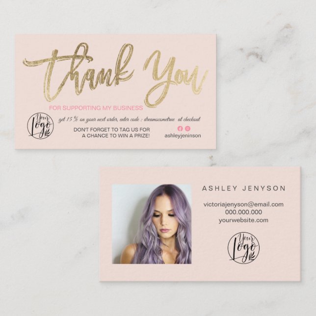 Carte De Visite Chic or script photo logo rose commande merci (Devant / Derrière)