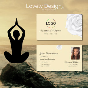 Carte De Visite Chic Peach Beige White Rose avec logo Photo