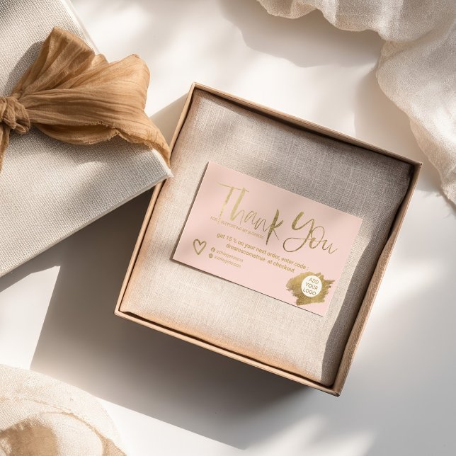 Carte De Visite Chic pinceau doré blush rose chic commande merci (Chic gold brush blush pink chic order thank you business card)