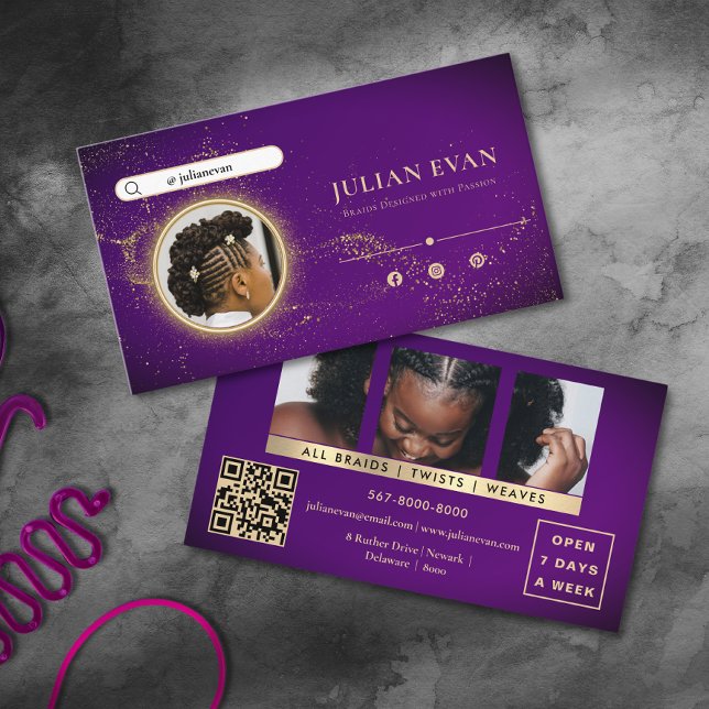 Carte De Visite Chic Purple Glitter Gold African Braid Hairstylist (Chic Purple Glitter Gold African Braid Hairstylist Business Card)