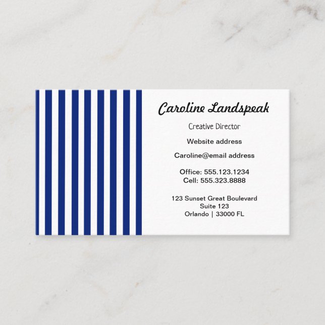 Carte De Visite Chic rayures bleu marine et blanc (Devant)