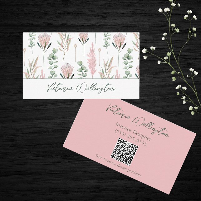 Carte De Visite Chic rose et vert pays Floral QR Code (Créateur téléchargé)