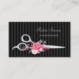 Carte De Visite Chic rose floral coiffeur Faux ciseaux d'argent