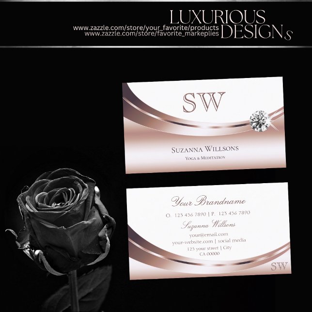 Carte De Visite Chic Rose Gold Blanc avec Monogram Sparkle Diamond (Créateur téléchargé)