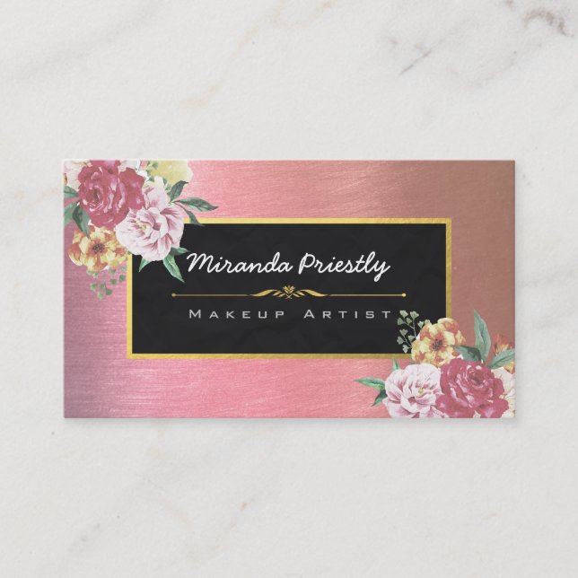 Carte De Visite Chic Rose Gold Floral Maquillage Artiste Hair Styl (Devant)