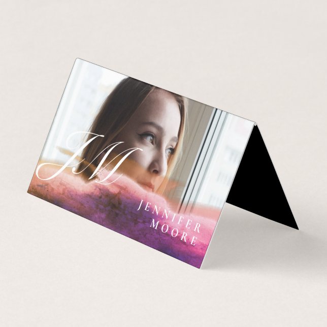 Carte De Visite Chic Rose Gold Photo Monogrammé Plié (Devant)