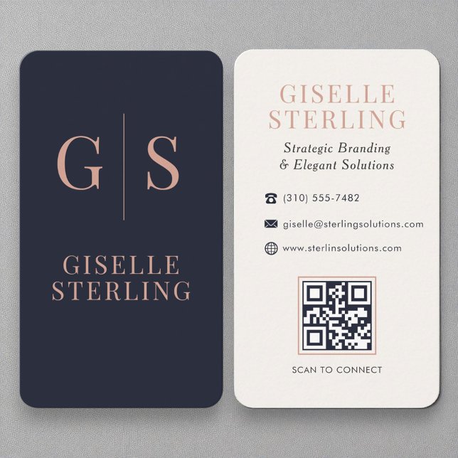 Carte De Visite Chic Rose or Monogramme Marine bleu QR Code (Créateur téléchargé)