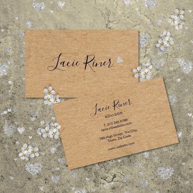 Carte De Visite Chic Script Cœur d'Amour Argent Kraft Rustique (Chic Script Silver Love Heart Rustic Kraft Business Card)