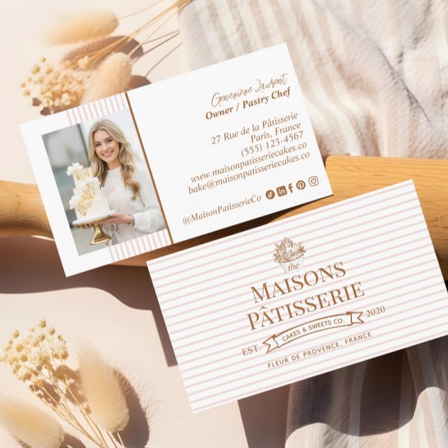 Carte De Visite Chic Stripe Floral Cupcake Pastry Cake Bakery Shop (Chic Stripe Floral Cupcake Pastry Cake Bakery Shop Business Card)