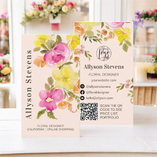 Carte De Visite Chic tendance aquarelle florale rose logo qr code