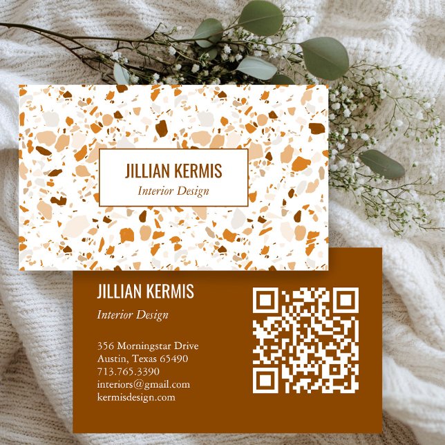 Carte De Visite Chic terrazzo élégant Brown Terracotta CUSTOM QR (Chic terrazzo elegant Brown Terracotta CUSTOM QR Business Card
)