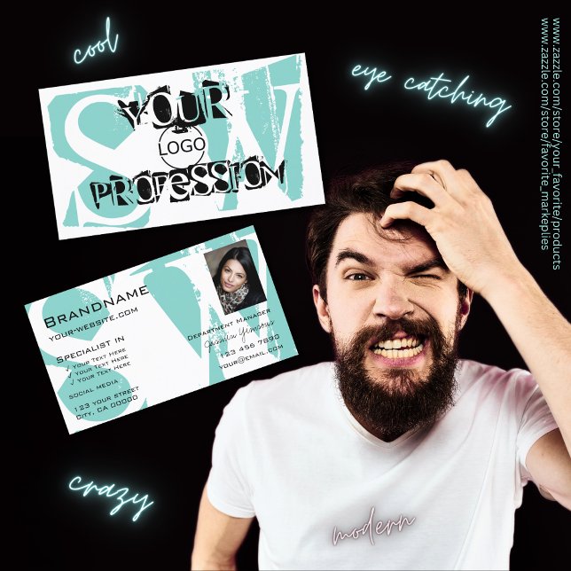 Carte De Visite Chic Turquoise noir avec logo photo et monogramme (Créateur téléchargé)