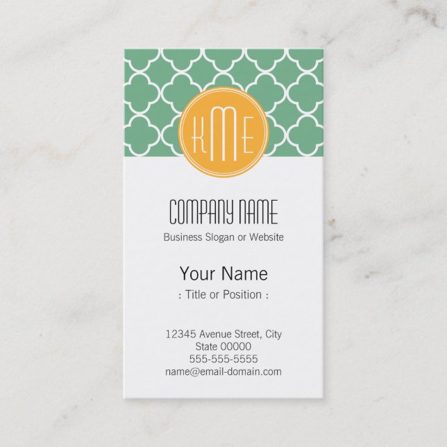 Carte De Visite Chic Turquoise Quatrefoil vert avec monogramme jau (Devant)