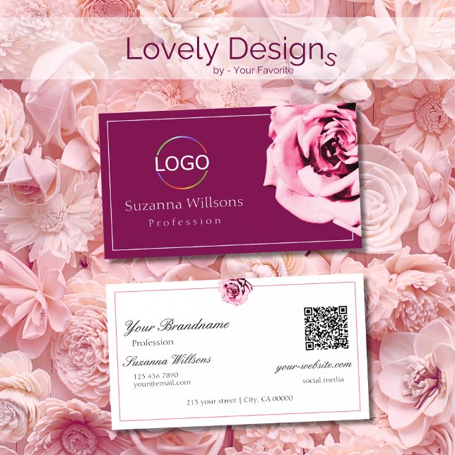Carte De Visite Chic Vin Rouge et Blanc Rose Logo Code QR (Créateur téléchargé)