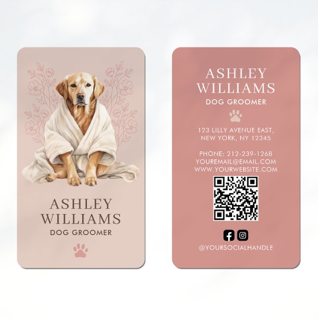 Carte De Visite Chien Groomer Blush élégant QR Code (Créateur téléchargé)