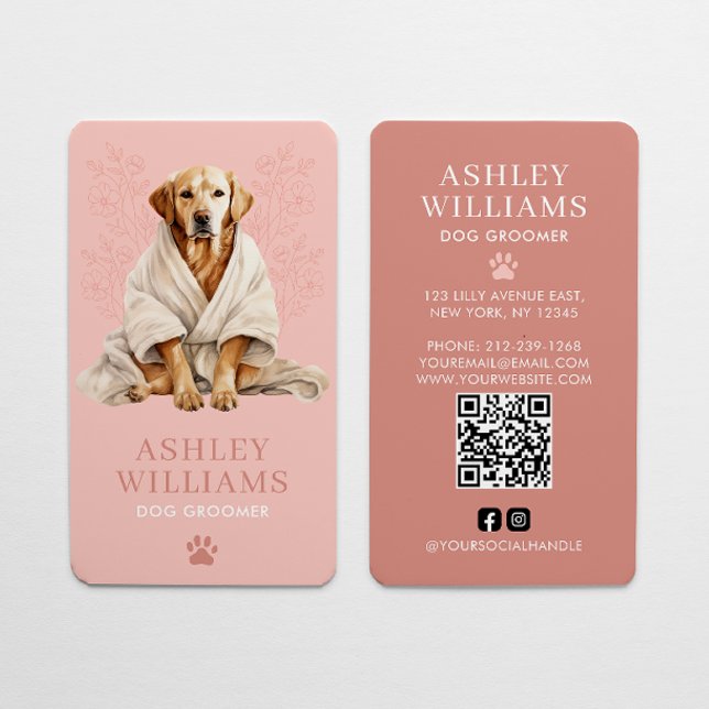 Carte De Visite Chien Groomer Blush Pink Elegant QR Code (Créateur téléchargé)