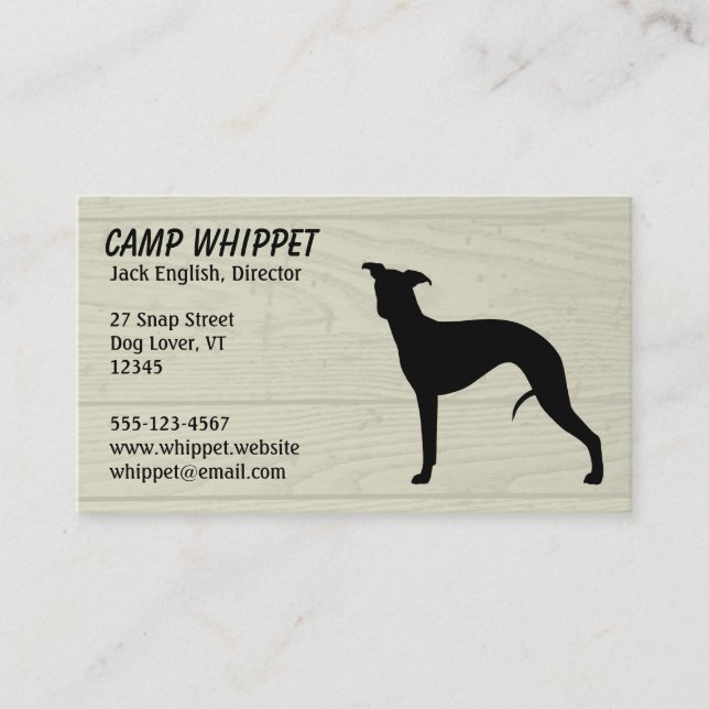 Carte De Visite Chien noir Whippet Silhouette Faux Style bois (Devant)