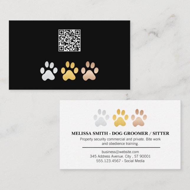 Carte De Visite Chien Paws (Argent, or, bronze) | Code QR (Devant / Derrière)
