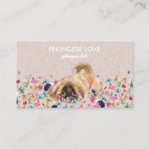 Carte De Visite Chien Pékinois jouant avec des fleurs