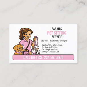 Carte De Visite Chien Rose Chat Dessin Animé Fille QR Garde d'Anim