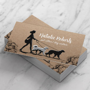Carte De Visite Chien Walker Animal Sitter Girl & Dogs Rustic Kraf