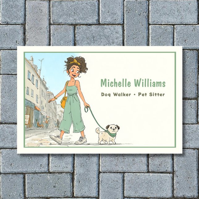 Carte De Visite Chien Walker | Sentier pour animaux | Fille Marche (Front - Dog Walker - Pet Sitter - Girl Walking Dog Business Card)
