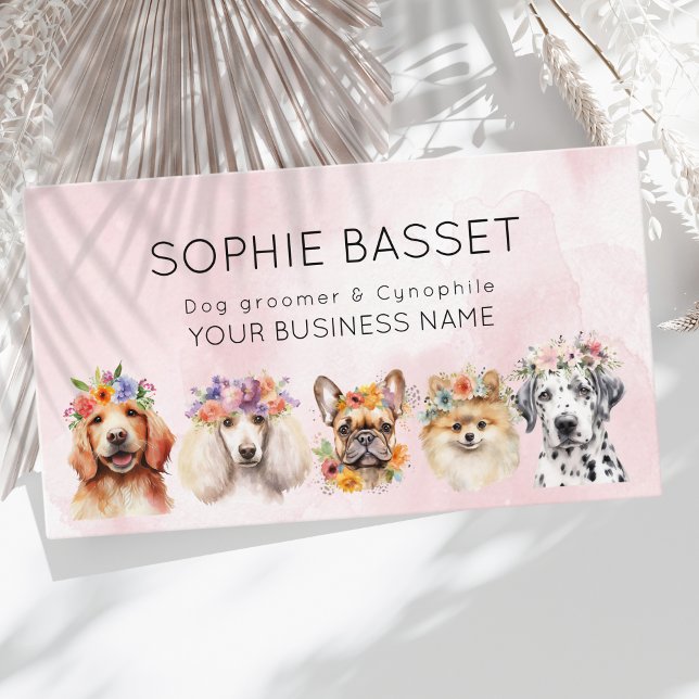 Carte De Visite Chiens adorables avec couronne de fleurs, aquarell (Créateur téléchargé)