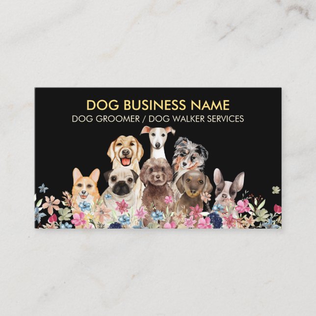 Carte De Visite Chiens aux fleurs aquarelles (Devant)