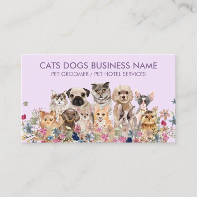 Carte De Visite Chiens et chats fleurs violet lilas (Devant)