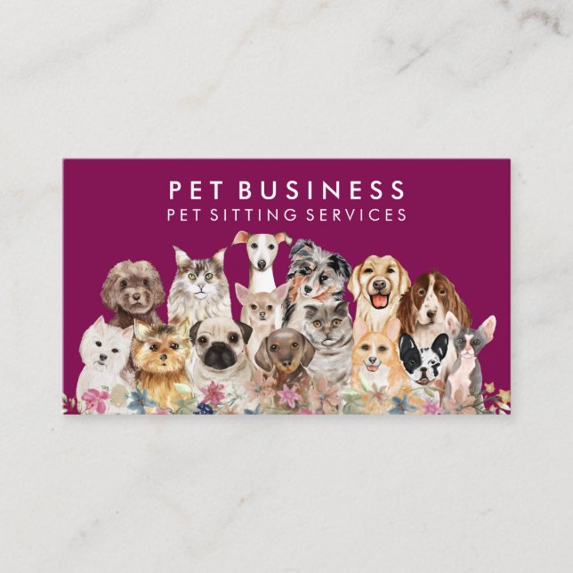 Carte De Visite Chiens Spas Pet Groomer Chats rose violet Floral r (Devant)