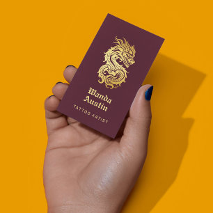 Carte De Visite Chinois Dragon Bourgogne Et Artiste De Tatouage Or