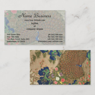 Carte De Visite Chinoiserie Paon Bleu avec Jardin de Fleurs Exotiq