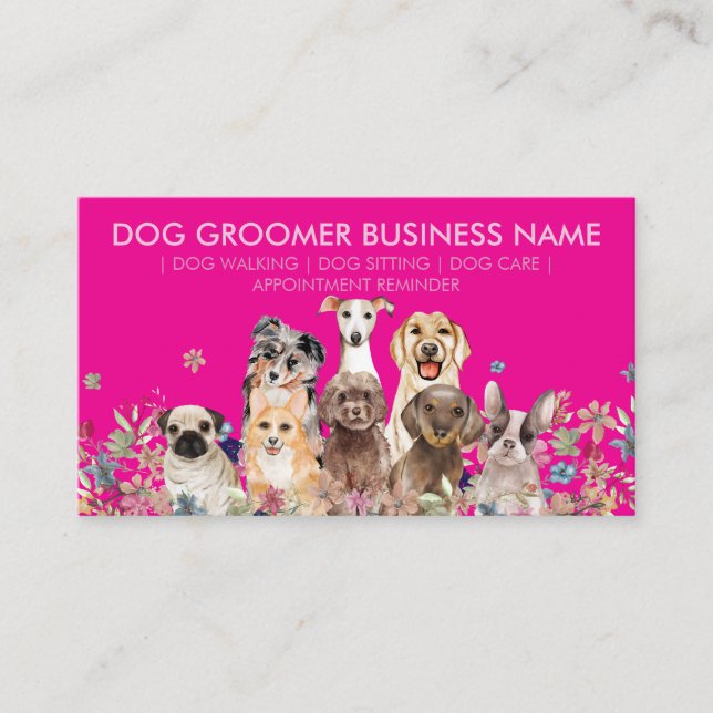 Carte De Visite Chiots Fleurs | Rendez-vous Animaux Rose (Devant)
