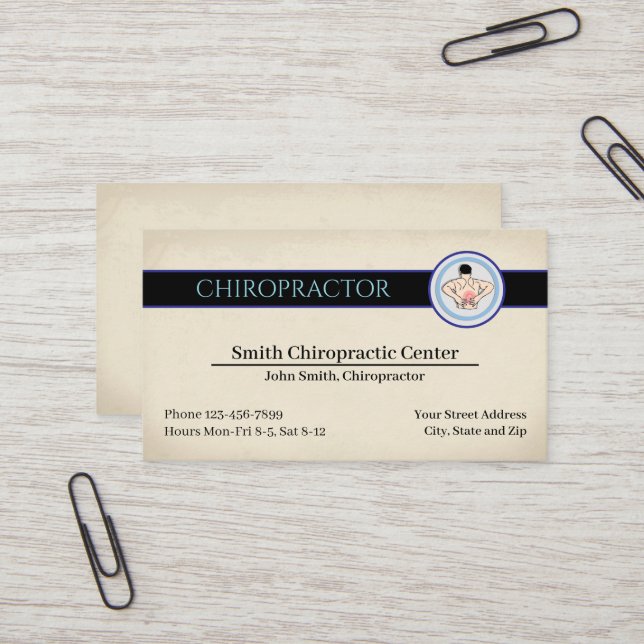 Carte De Visite Chiropractic Chiropractor Clinic Business Card (Devant/Arrière en situation)