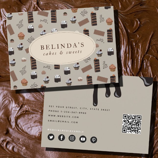 Carte De Visite Chocolat Thème Boulangerie Chef Traiteur QR Code (Chocolate Theme Bakery Chef Caterer QR Code Business Card)