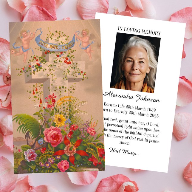 Carte De Visite Christian Floral Cross Photo perte Sympathie funér (Religious Christian Catholic Floral Cross Hope Photo Loss Memorial Funeral Sympathy  Prayer Card)