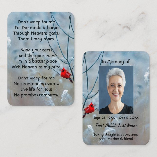 Carte De Visite Christian Memorial Keepsaké Cardinal Red Bird (Devant / Derrière)