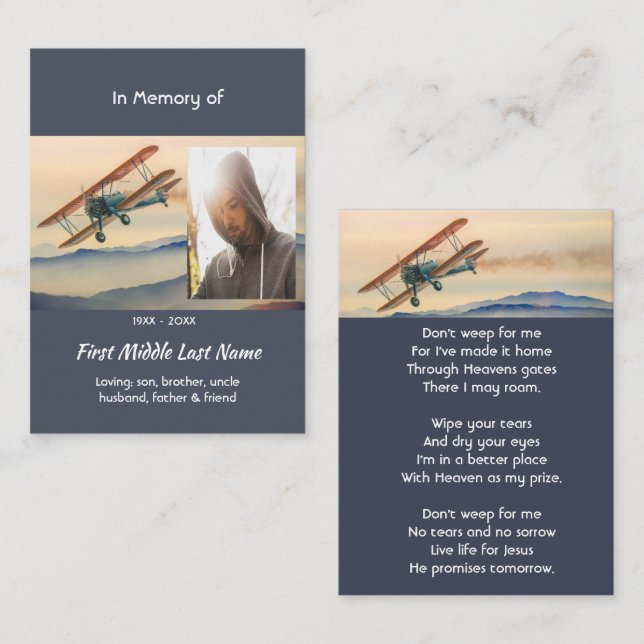 Carte De Visite Christian Memorial Keepsake  Clouds Biplane Sky (Devant / Derrière)