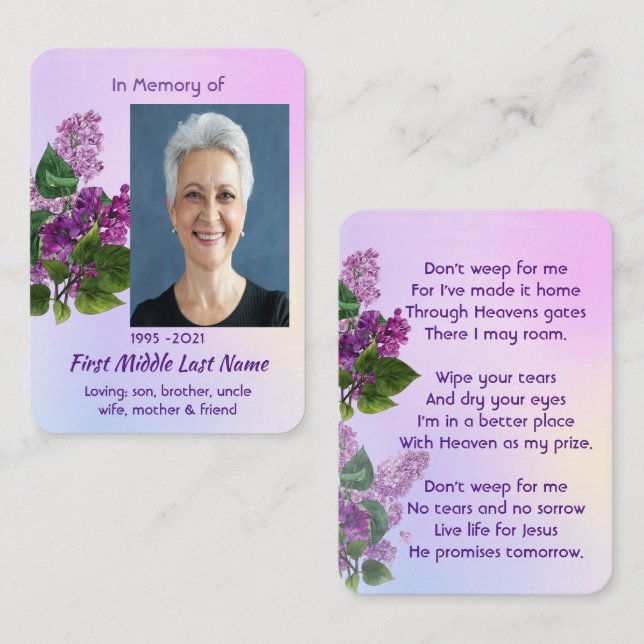 Carte De Visite Christian Memorial Keepsake Lilac Garden Flower  (Devant / Derrière)