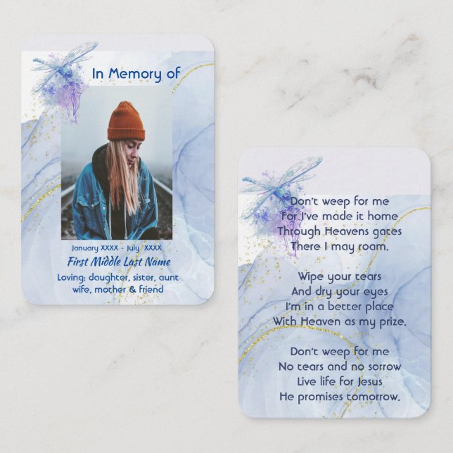 Carte De Visite Christian Memorial Keepsaké Memorial Dragonfly (Devant / Derrière)