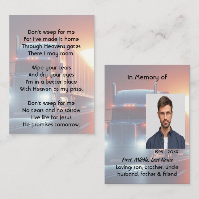 Carte De Visite Christian Memorial Semi-Truck Tractor-trailer  (Devant / Derrière)