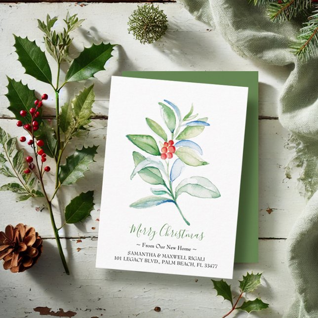 Carte De Visite Christmas Greenery Moving Announcement Insertion (Christmas card watercolor red berries and greenery by Victoria Grigaliunas VG Invites)