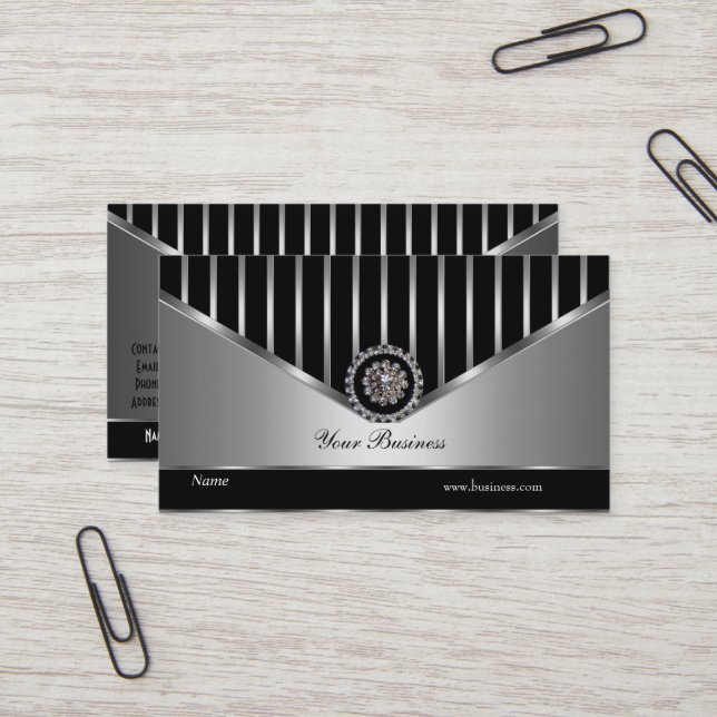 Carte De Visite Chrome Argent Rayure Noire Élégant Classe (Devant/Arrière en situation)